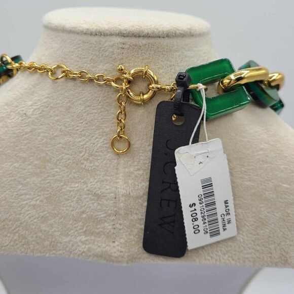 J Crew Lacquered Green Round & Square Gold Tone Link Necklace NWT! NEW! - Picture 2 of 8